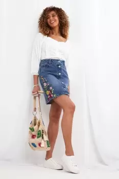 Floral Embroidered Button Down A Line Denim Skirt
