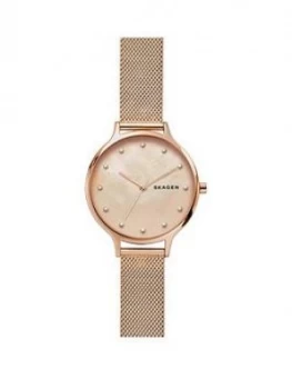 Skagen Anita Blush Mother of Pearl Dial Rose Gold Stainless Steel Mesh Strap Ladies Watch, One Colour, Women