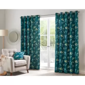 Dacey Contemporary Floral Print 100% Cotton Eyelet Lined Curtains, Teal, 66 x 54" - Fusion
