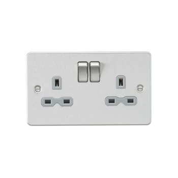 Flat plate 13A 2G DP switched socket - brushed chrome with grey insert - Knightsbridge
