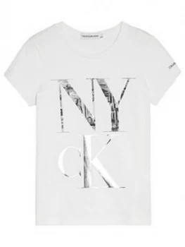Calvin Klein Jeans Girls Ny Ck Print Slim T-Shirt - White