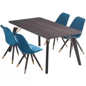 5 Pieces Life Interiors Sofia Cosmo Dining Set - a Black Rectangular Dining Table and Set of 4 Blue Dining Chairs - Blue