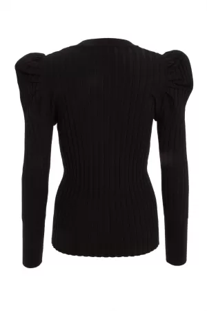 Quiz Black Knitted Puff Sleeves Ribbed Top - S