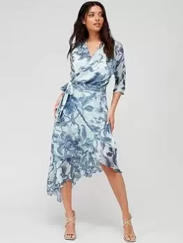 Guess 3/4 Sleeve Ensley Wrap Dress - Porcelain Floral Blue Size L, Women