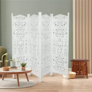 4 Panel Heavy Duty Carved Indian Screen Wooden Leaves Design Screen Room Divider 183x50cm per panel, wide open 202cm [Antique White] - White