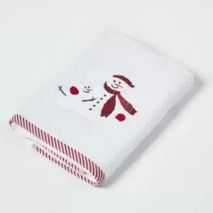 Snowman Embroidered 100% Cotton Christmas Hand Towel - White & Red - Homescapes
