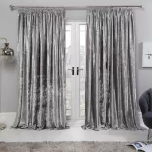 Sienna Crushed Velvet Pair Of Pencil Pleat Curtains Silver - 66" X 90"