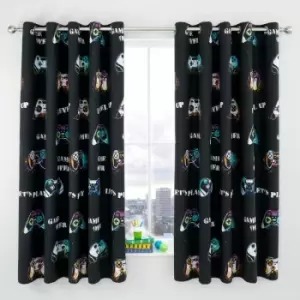 Catherine Lansfield Kids Game Over Reversible Eyelet Curtains, Black, 66 x 72 Inch