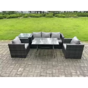 5 Seater Wicker Rattan Outdoor Furniture Garden Dining Set with Sofa Oblong Dining Table Armchairs Side Table Dark Grey Mixed - Fimous