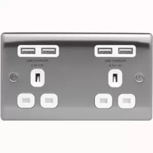 BG Nexus Metal Brushed Steel 2 Gang Plug Socket with 4 x USB Outlets Outlet White Insert 13A - NBS24U44W