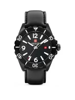 Swiss Military Black Genuine Leather Strap Buckle Watch With Black Dial