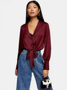 Topshop Satin Knot Front Shirt - Burgundy, Size 8, Women