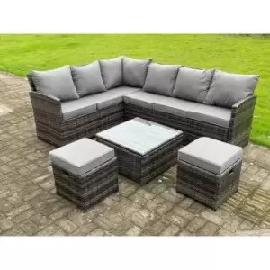 Fimous High Back Dark Mixed Grey Rattan Corner Sofa Set Outdoor Furniture Square Coffee Table 2 Small Footstools 8 Seater