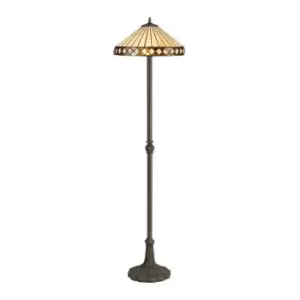 2 Light Leaf Design Floor Lamp E27 With 40cm Tiffany Shade, Amber, Crystal, Aged Antique Brass - Luminosa Lighting