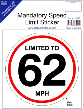 Speed Limit Sticker - 62mph- CASTLE PROMOTIONS- V597