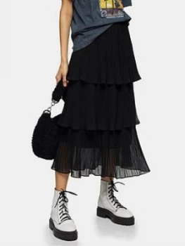 Topshop Tiered Pleat Midi Skirt - Black, Size 14, Women