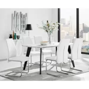 Andria Black Leg Marble Effect Dining Table and 6 White Lorenzo Chairs - White