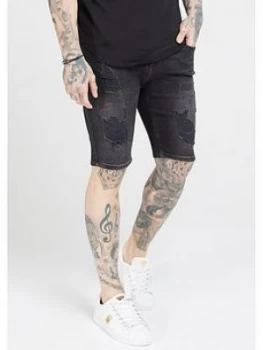SikSilk Distressed Skinny Shorts - Washed Black, Size XS, Men