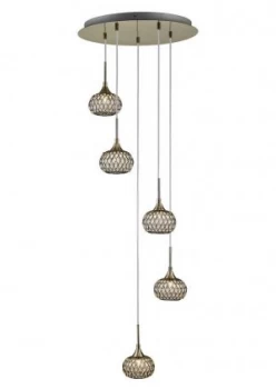 Ceiling Cluster Pendant 5 Light Round Antique Brass, Clear Glass