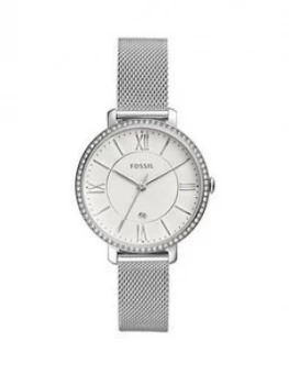 Fossil Jacqueline Silver Date Dial Stainless Steel Mesh Strap Women Watch
