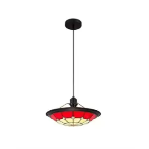 1 Light Ceiling Pendant E27 With 35cm Tiffany Shade, Red, Clear Crystal Centre, Aged Antique Brass Trim, Black - Luminosa Lighting