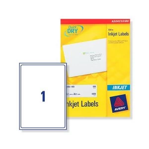 Avery Quick DRY Addressing Labels Inkjet 1 per Sheet 199.6x289.1mm White 100 Labels