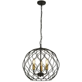 Searchlight FINESSE - 3 Light Round Cage Ceiling Pendant - Black with Gold Lampholders