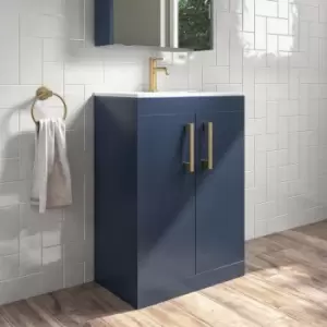 600mm Blue Freestanding Vanity Unit with Basin and Brushed Brass Handle - Ashford