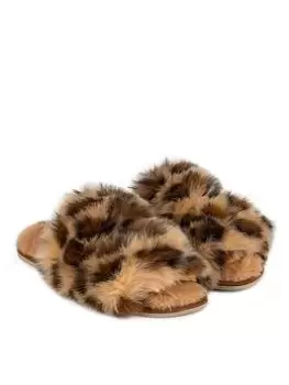 TOTES Ladies Faux Fur Animal Double Strap Slider Slipper - Leopard Print, Brown, Size 5-6, Women