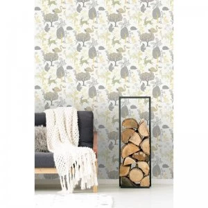Fresco Forest Critters Yellow and Grey Forest Wallpaper