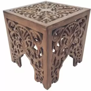 Topfurnishing - Beautiful Square Hand Carved Indian Wooden Side End Coffee Table [Light Brown,Large (40 x 40 x 42cm)]