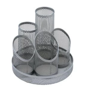 5 Star Office Pencil Pot Mesh Scratch Resistant with Non Marking Base 5 Tube Silver.
