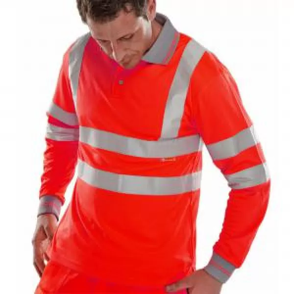 B SEEN High Visibility Polo Shirt, Long Sleeved, Red, XL