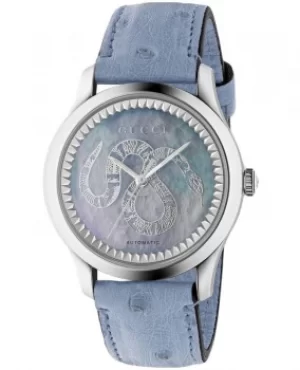Gucci G-Timeless King Snake Mother of Pearl Dial Blue Leather Strap Womens Watch YA1264113 YA1264113