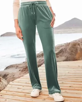 Cotton Traders Womens Pull-On Velour Straight Leg Trousers in Green