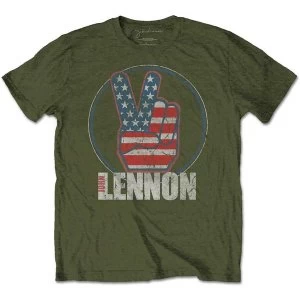 John Lennon - Peace Fingers US Flag Mens Large T-Shirt - Military Green