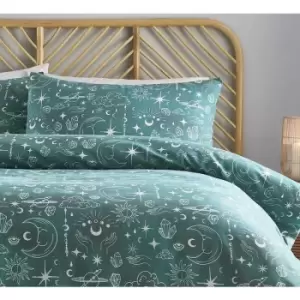 Charlotte Thomas Celestial Green Duvet Cover Set Sun, Moon and Stars Bedding Dark Green Bed Lining with Pillowcase Single - Green
