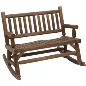 Garden 2-Seater Rocking Bench Wood Frame Rough-Cut Log Loveseat Slatted High Back Rustic Style with Armrests Garden Outdoor Furniture - Dark Stain