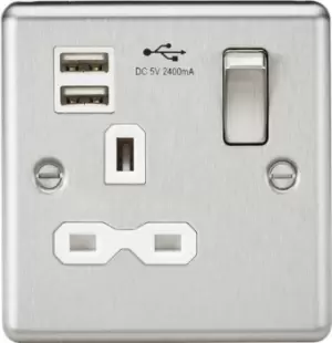 KnightsBridge 13A 1G Switched Socket Dual USB Charger Slots with White Insert - Rounded Edge Brushed Chrome