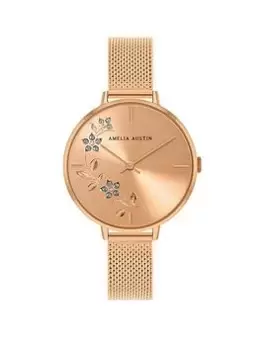 Amelia Austin Floral Ladies Rose Gold Stainless Steel Mesh Clear Stone Set Etched Dial Watch, Rose Gold, Women