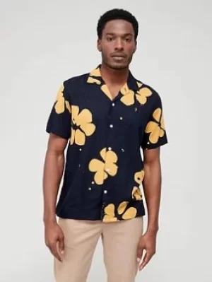 Farah Printed Revere Collar Shirt, Navy, Size L, Men