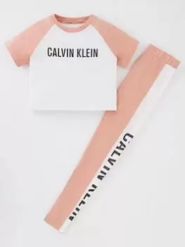 Calvin Klein Girls Short Sleeve T-Shirt & Legging PJ Set - Pink Mocha/White, Pink Mocha/White, Size 12-14 Years, Women