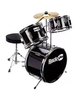 Rockjam 3 Piece Junior Drum Kit With Cymbal, Pedal, Stool And Sticks - Black