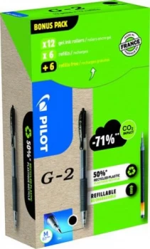 Pilot Greenpack G-2 Gel 0.7mm Black 12 Pens and 12 Refills