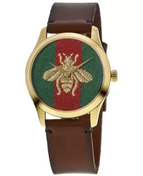 Gucci G-Timeless Gold Tone Green & Red Bee Dial Leather Strap Unisex Watch YA126451A YA126451A