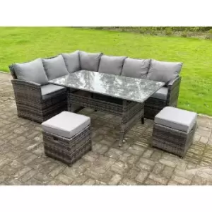Fimous High Back Dark Mixed Grey Rattan Corner Sofa Set Outdoor Furniture Rectangular Dining Table 2 Small Footstools 8 Seater
