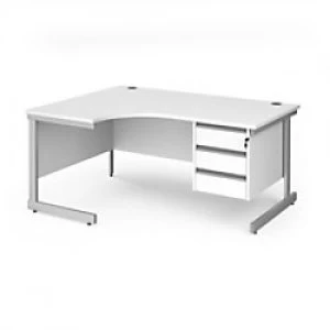 Dams International Left Hand Ergonomic Desk with 3 Lockable Drawers Pedestal and White MFC Top with Silver Frame Cantilever Legs Contract 25 1600 x 12