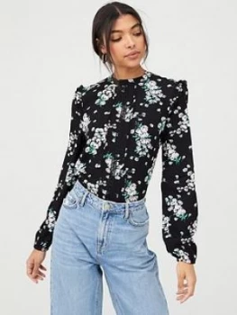 Oasis Dandelion Lace Trim Shirred Hem Top - Black, Multi Black, Size 14, Women