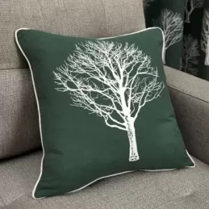 Woodland Trees Print 100% Cotton Filled Cushion, Bottle Green, 43 x 43cm - Fusion