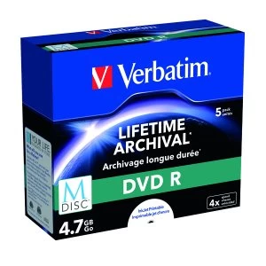 Verbatim M Disc DVD R 4.7GB 4x Printable Jewel Case Pack of 5 43821